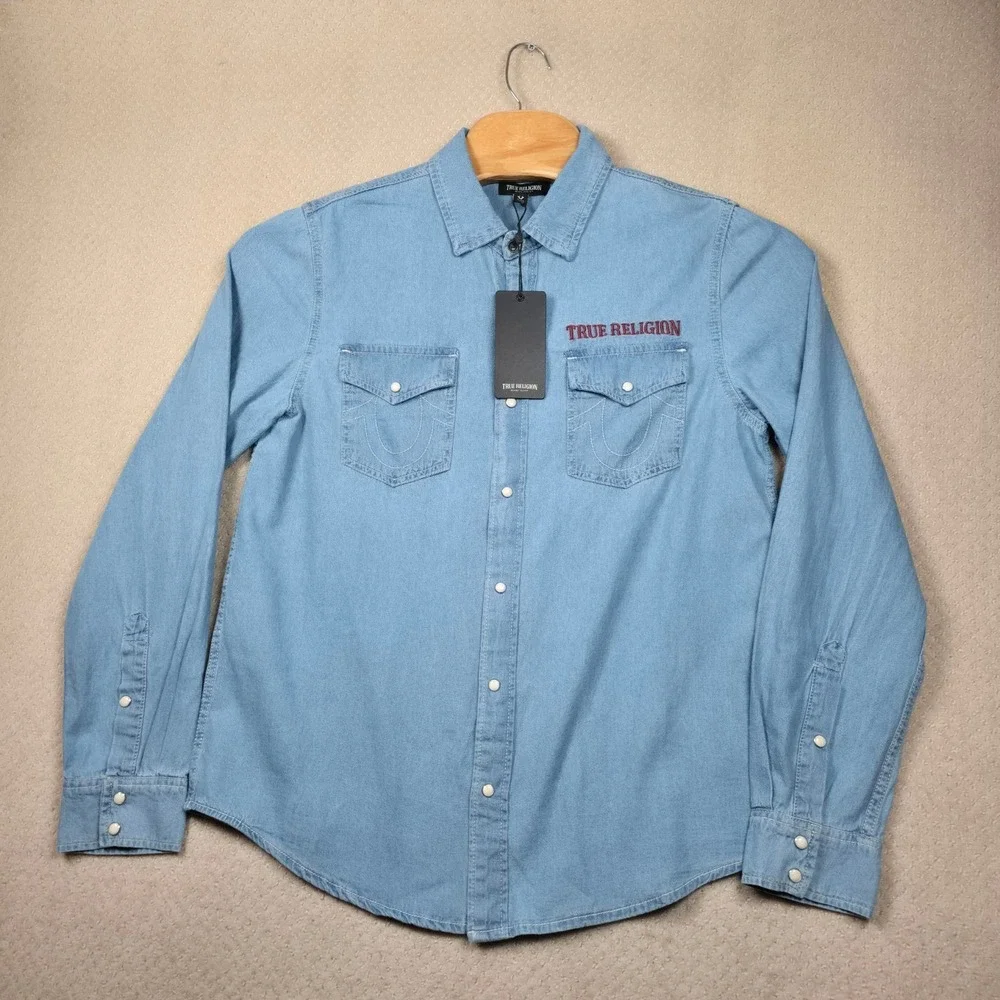 NWT True Religion Western Denim Shirt Men Medium Chambray Pearl Snap Embroidered